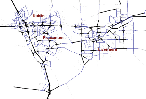 The figure shows the subarea highway model network with traffic count locations highlighted in black.