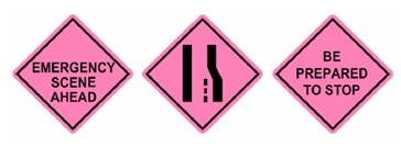Examples of three incident warning signs, one that reads 'Emergency Scene Ahead,' on that shows a lane narrowing/closing ahead icon, and one that reads 'Be Prepared to Stop.' All three signs are pink.