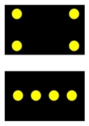 Images of two arrow panels in caution mode; one consists of four yellow lights, one in each corner of the panel, and the other consists of four yellow lights in a straight horizontal line running through the middle of the panel.