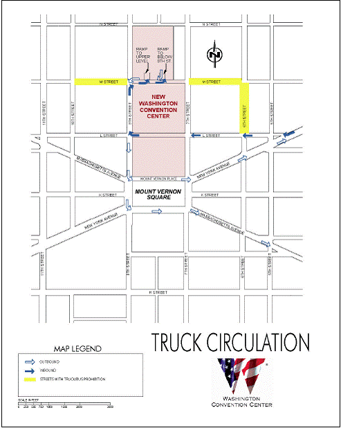 Figure 2 illustrates the specific routes trucks operating in an around the Washington Convention Center are required to used. The map illustrates the following inbound route: L Street to 9th Street,9th Street to M Street, and enter the facility from M Street.  The outbound truck route is M Street to 9th Street and 9th Street to either Mount Vernon Place or Massachusetts Avenue.   The figure also illustrates the streets that trucks are prohibited from using. The restricted streets are 6th Street, between L Street and M Street, and M Street between 6th Street and 10th Street.