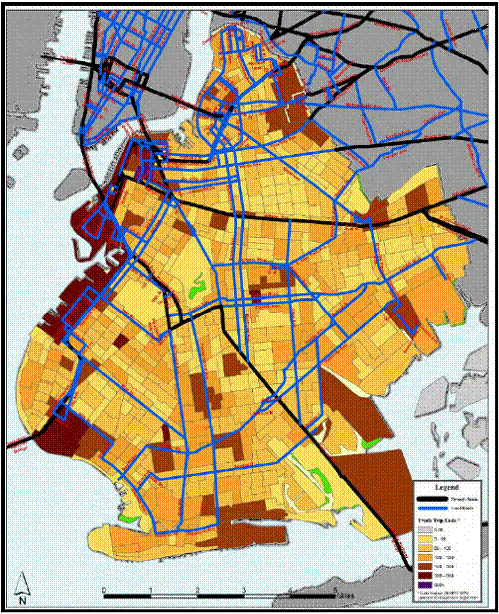 Figure A-1 illustrates an example of the Truck Trip Ends map developed for the Borough of Brooklyn.  The sample map displays the truck route network overlaid with graphics representing the number of truck trips generated by each Transportation Analysis Zone (TAZ). Each TAZ is color coded based on the number of truck trips it generates.  