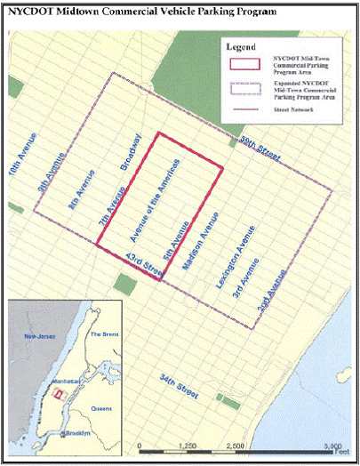 Figure 2 is illustrates the original Commercial Vehicle Parking Plan implementation area between 42rd and 59th and Fifth Avenue and Seventh Avenue.  It also identifies the program expansion area between Second and Ninth Avenues.