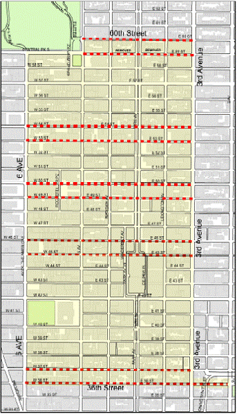 Figure 4 a map that highlights the five one-way pairs that serve as THRU Streets.  The highlighted pairs are as follows:  36th and 37th Street, 45th and 46th, 49th and 50th, 53rd and 54th, and 59th and 60th.  The pairs are bounded by Sixth Avenue to the west and Third Avenue to the east.  