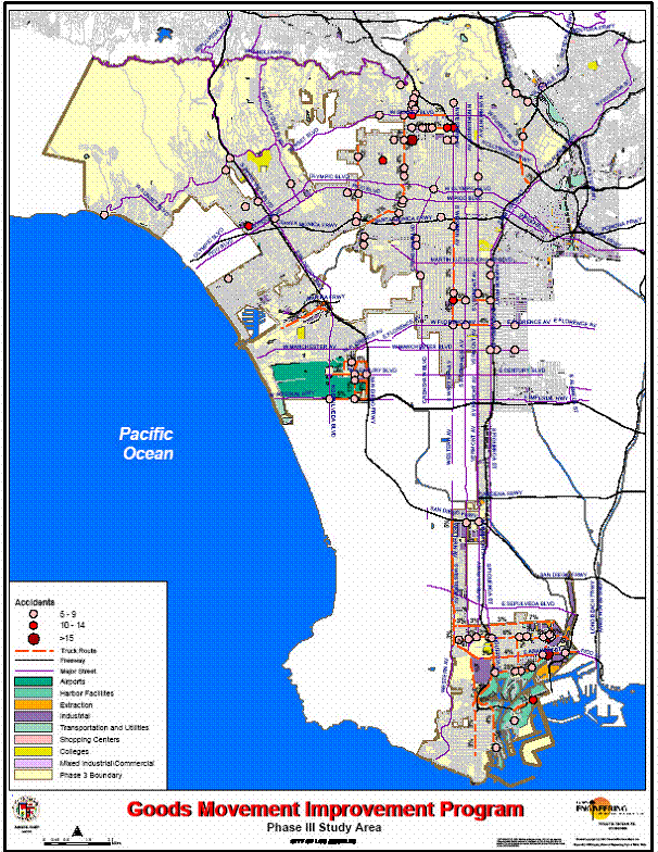 LADOT used GIS analysis to identify truck routes, truck circulation and access problems, hazardous locations, and corrective measures as a part of their effort to develop the Goods Movement Improvement Plan. Figure 2 is a sample GIS map created for the plan.