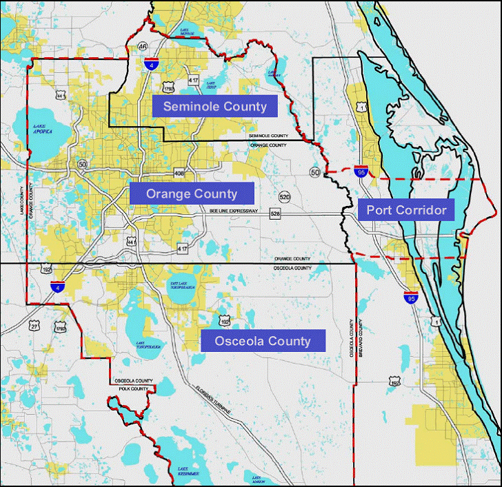 Figure 1, Project Area Map. This map illustrates the project area, which includes most of Central Florida and encompasses Orange, Osceola and Seminole Counties as well as the area surrounding the Bee Line corridor stretching to Port Canaveral through Brevard County.