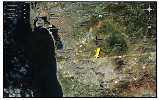 Satellite image of the U.S.-Mexico border, with a yellow line used to show the border and an arrow used to point out the Otay Mesa Border crossing location.
