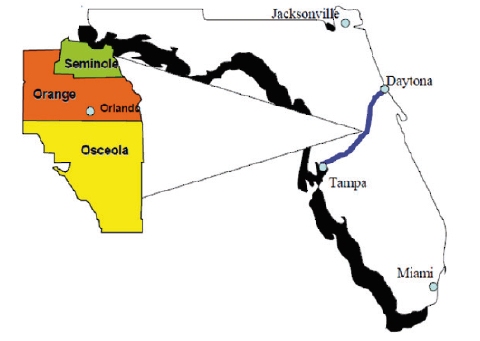 Diagram of the State of Florida with a thick blue line between the cities of Tampa and Daytona. A callout points to the location of Orlando and the surrounding counties of Seminole, Osceola, and Orange.