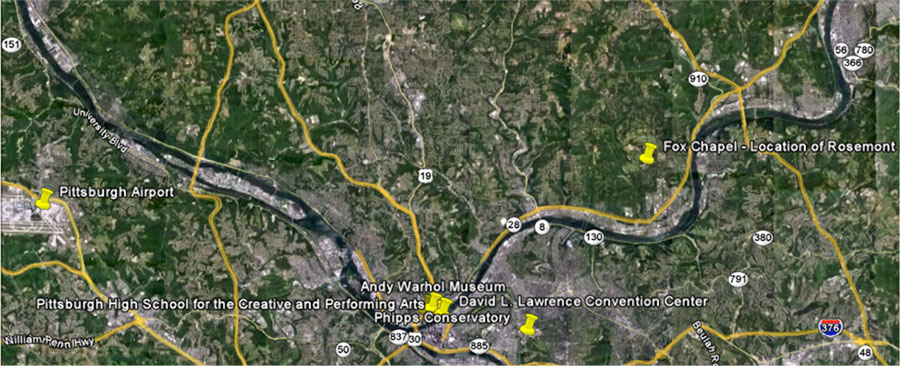 Satellite photo showing regional view of venue locations in Pittsburgh