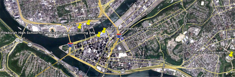 Satellite photo showing downtown venue locations in Pittsburgh