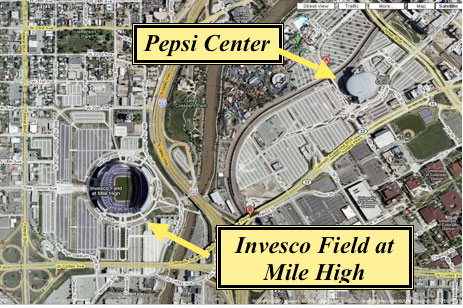 Satellite photo showing Pepsi Center and Invesco Field at Mile High