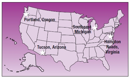 Map highlights the locations of Portlant, Oregon; Tucson, Arizona; Southeast Michigan; and Hampton Roads, Virginia.
