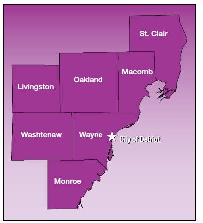 Map depicting the seven counties that comprise southeast Michigan, including (clockwise from northeast to southwest) St. Clair, Macomb, Wayne, Monroe, Washtenaw, Livingston, and Oakland. The City of Detroit in Wayne County is also identified.