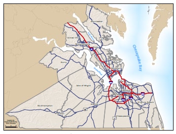 Map of the HAmpton Roads, Virginia region.