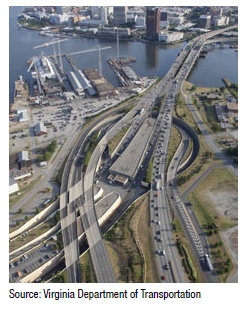 Aerial photo of a multi-lane bridge complex at a port facility. Source: Virginia Department of Transportation