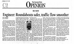 Graphic. The Saginaw News Opinion page with an article entitled, “Engineer: Roundabouts safer, traffic flow smoother.”