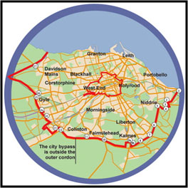 Map showing an urban area using area pricing (with an inner cordon and outer cordon).