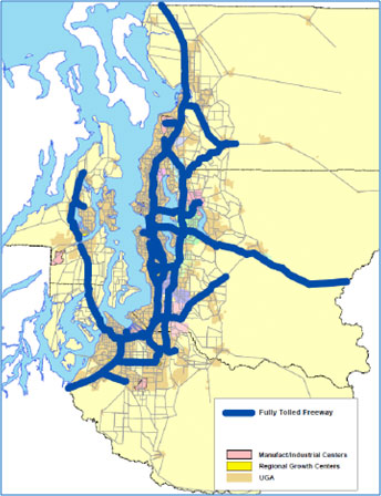 Map of the Puget Sound region showing the fully-tolled freeways in the area.