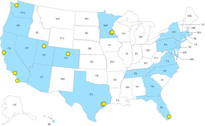 Map of the United States showing locations of priced lane projects.  States shaded in blue (Arizona, California, Colorado, Connecticut, Florida, Georgia, Hawaii, Maryland, Massachusetts, Minnesota,  Nevada, New Jersey, New York,North Carolina, Oregon, Pennsylvania, Tennessee, Texas, Utah, Virginia, and Washington) represent states with HOV lanes.  Yellow dots indicate the location of HOT lanes.