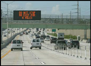 Photo of the I-95 Express in Miami, FL, showing the two HOT lanes alongside the general-purpose lanes, with pylon barriers.  Above the HOT lanes is a sign: 'Do not stop.  No exit for 6 miles.'