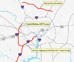 Map of a managed lane road system. The Capital Beltway and other area connectors.