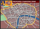 One of three images, representing newer road pricing options available due to advances in electronic tolling technology.  Map of the London Charging Zone.