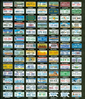 Image of 98 different license plates from around the U.S., illustrating the complexity of license plates.