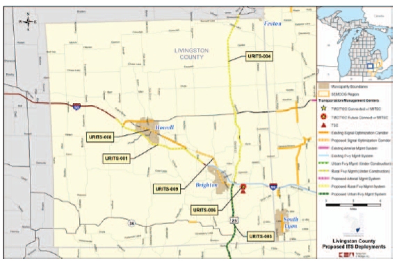 A map from the Michigan DOT/Southeast Michigan Council of Governments ITS Deployment Plan that depicts the Livingston County Proposed ITS Deployments.  This figure is an example of an ITS plan that shows the location of existing ITS infrastructure and planned ITS projects for each county in the region.