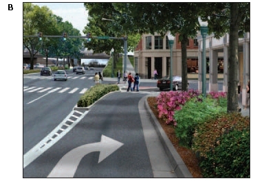 Photo of an urban area with a well-defined channelized right turn lane separated from the through lanes by vivid lane markings and a narrow median that contains a pedestrian refuge.