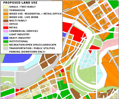 Figure 1.3 is a map illustrating proposed land uses in a section of Cleveland, Ohio. The various land uses are coded by color on the map. This map serves as an example of land use map planners develop as a product of the comprehensive planning process.