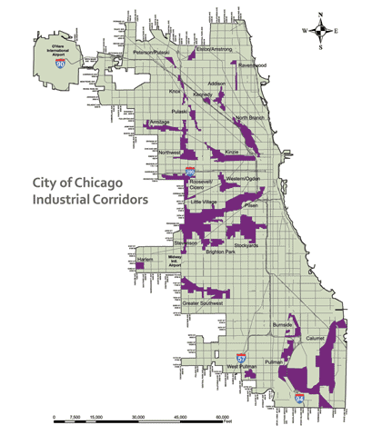 Figure 2.5 is a map illustrating the locations of designated Industrial Corridors and Planned Manufacturing Districts throughout the City of Chicago.