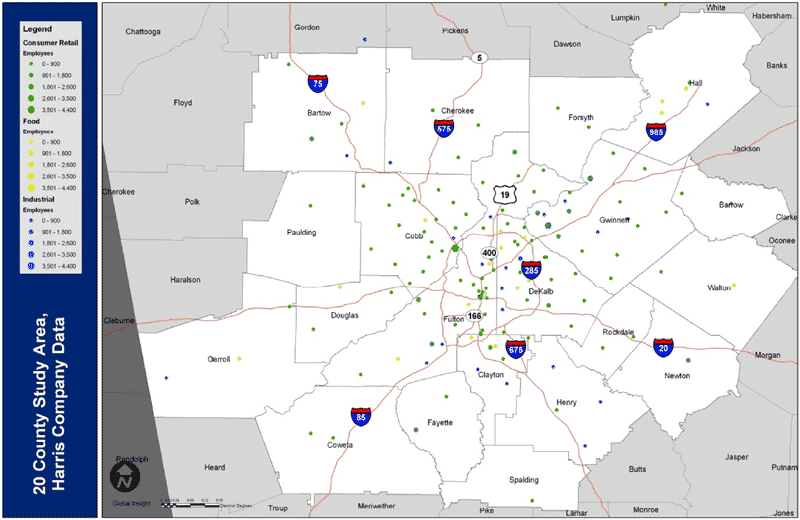 Figure 2.6 is a map illustrating the dispersed geographic distribution of warehouses and distribution centers throughout the Atlanta Region.