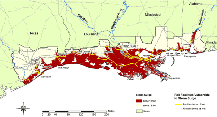 Figure 3.3 is map illustrating low-lying areas and rail facilities along the central Gulf Coast that are susceptible to sea-level rise and storm surge.