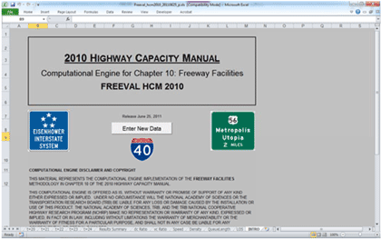 Figure 13 is a screenshot of FREeway EVALuation-2010, computerized, worksheet-based environment designed to implement the operational analysis computations for undersaturated and oversaturated directional freeway facilities.