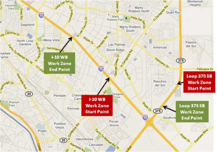 Figure 46 is a map showing the Interstate 10/Loop 375 case study project area map. The work zone’s start and end points are specifically pointed out on the map.
