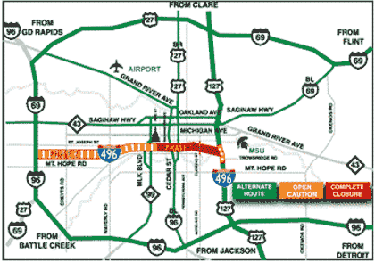 Figure 59 is a map showing the project area map for the Interstate 496 case study. Alternate routes, open caution, and complete closure, are pointed out on the map.