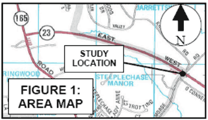 Figure 63 shows the project area map for the Maryland 23 case study. The nearest intersection to the bridge studied is where Maryland 23 terminates at Maryland 165. The study location is pointed out on the map.
