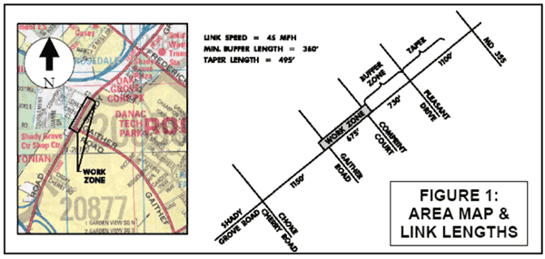 Figure 65 shows the project area map for the Shady Grove Road work zone case study. It includes a diagram with labels of the roads around the work zone area.