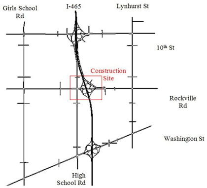 Figure 69 is a map showing the study area of the Interstate 465 Rockville Road interchange reconstruction project. The construction site is shown on the map as well.