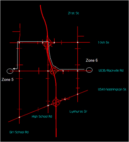 Figure 71 is a diagram that shows the analysis area consisting of the entire Rockville Road Interchange and the two intersections at the ramp termini on both sides of the interchange. Zones 5 and 6 are shown on the diagram.
