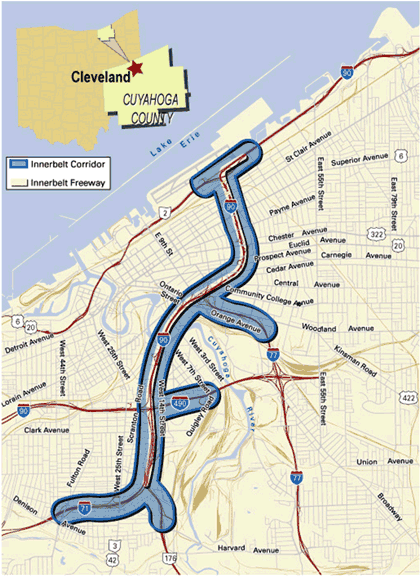 Figure 81 is a map showing the Cleveland Innerbelt project area, includes portions of Interstate 71 and Interstate 90, and connects to Interstate 77, Interstate 490, State Road 2, and State Road 176. The map highlights the Innerbelt Corridor and the Innerbelt Freeway.