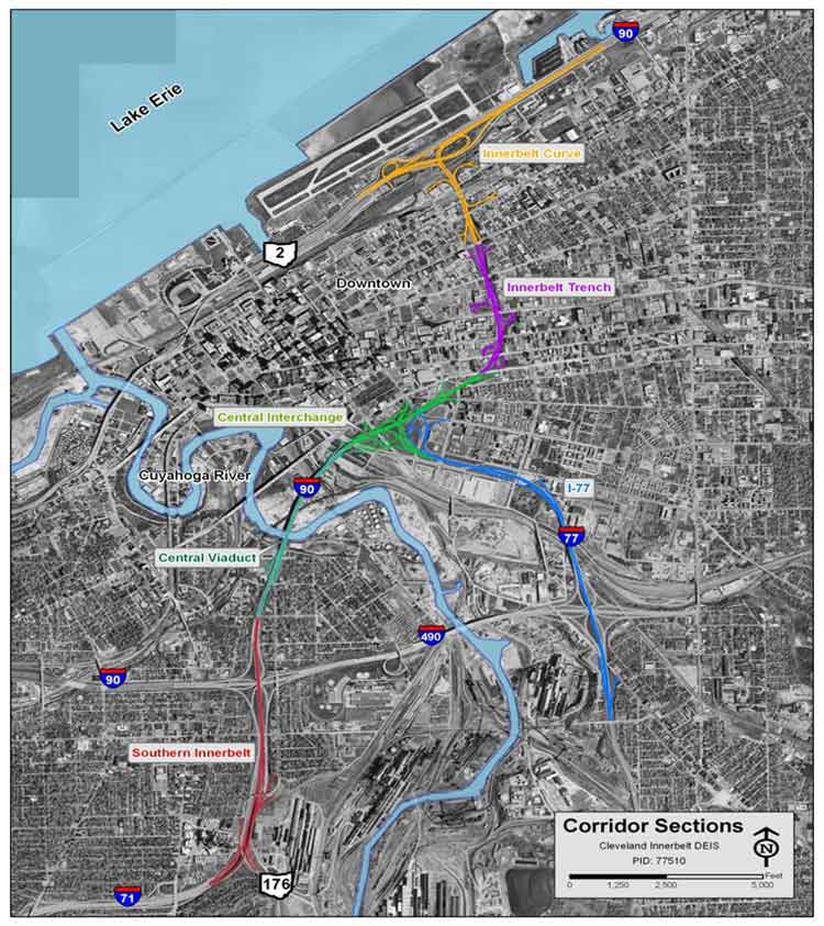 Figure 82 is a map showing the Cleveland Innerbelt corridor sections, including the Innerbelt Curve, the the Innerbelt Trench, the Central Interchange, the Southern Innerbelt and the Central Viaduct Bridge, a key component of the Innerbelt Freeway.