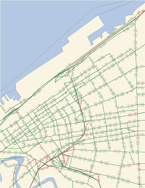 Figure 85 is a map showing the volume/capacity ratio thematically displayed on a series of graphics showing the impact of Alternative 2 with partial closure of the Central Viaduct.