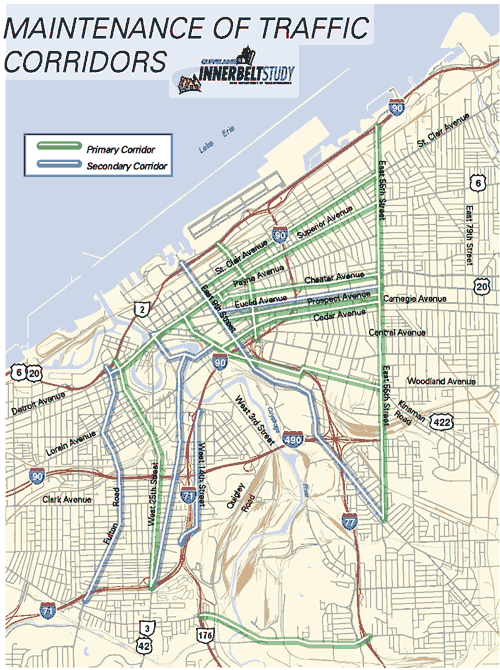 Figure 86 is a map showing the routes that were identified as either primary or secondary maintenance of traffic routes. The map highlights the Primary Corridor and the Secondary Corridor.