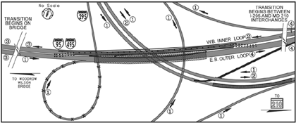 Diagram showing the engineering drawing of the work zone of the Maryland/Virginia Woodrow Wilson Bridge project.