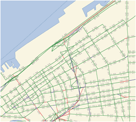 Map showing a portion of the Cleveland Innerbelt TRANPLAN network.