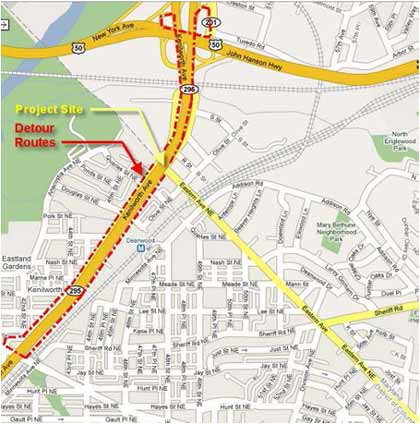 Map showing the Cleveland diversion routes on Kenilworth Avenue for the Eastern Avenue Bridge reconstruction over Kenilworth Avenue project. The project site and the detour routes are pointed out on the map.