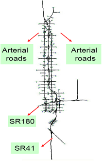 Diagram showing the State Road (SR) 41 Fresno Corridor work zone network using macroscopic simulation model NetZone. Arterial roads, State Road 41, and SR 180 and pointed out on the map.