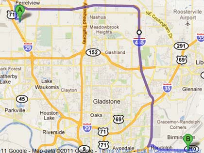 Map - Figure A.1.e is a map showing Real-Time Traffic Monitoring of the primary route for Lane 9, Comtrak, Toyota to Grainger.