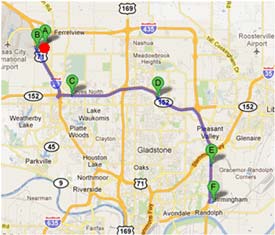 Map - Figure A.2.d is a map depicting Dynamic Route Guidance redirects on the Toyota to Grainger route showing the C21 - Comtrak trip. The red dot is the point of Dynamic Route Guidance redirect.