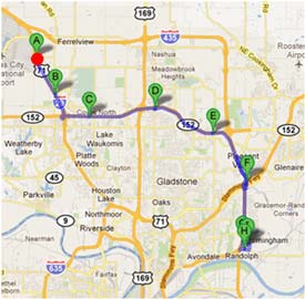Map - Figure A.2.f is a map depicting Dynamic Route Guidance redirects on the Toyota to Grainger route showing the C30 - Comtrak trip. The red dot is the point of Dynamic Route Guidance redirect.